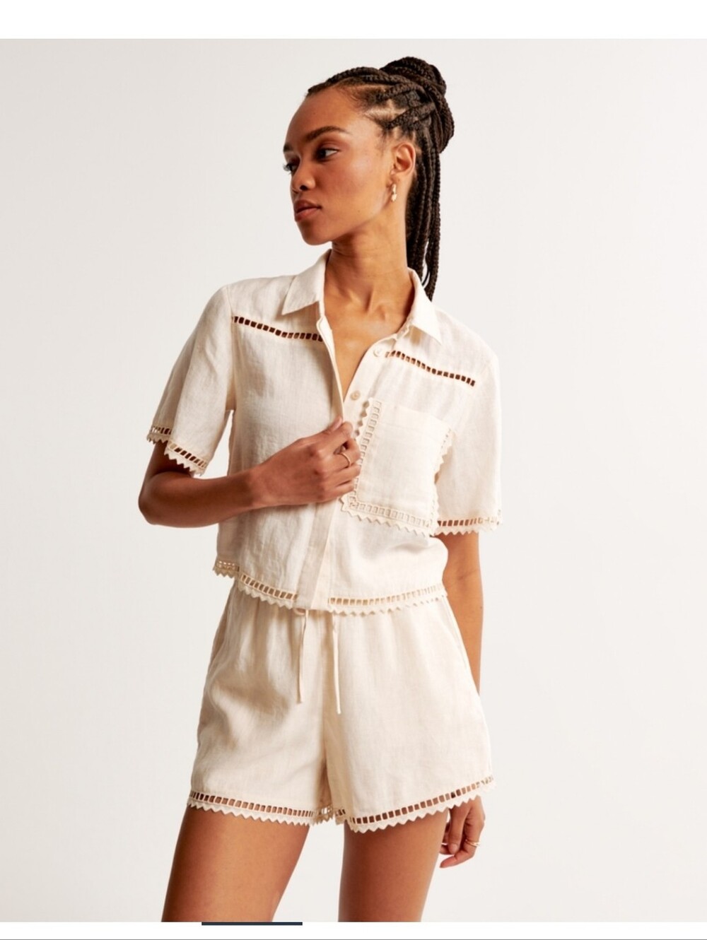 Abercrombie NWT Linen Cream Eyelet-Trim Button-Up Top S